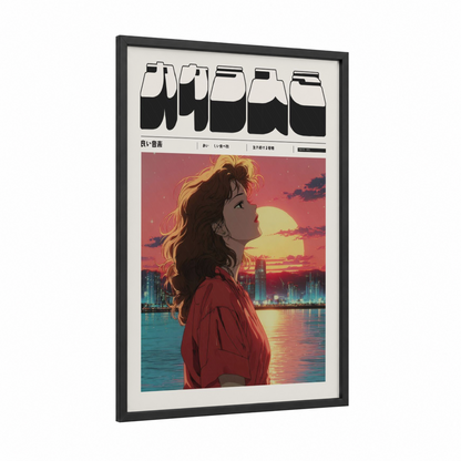 Sunset Reverie framed anime and manga print — black wood frame — red and gold palette