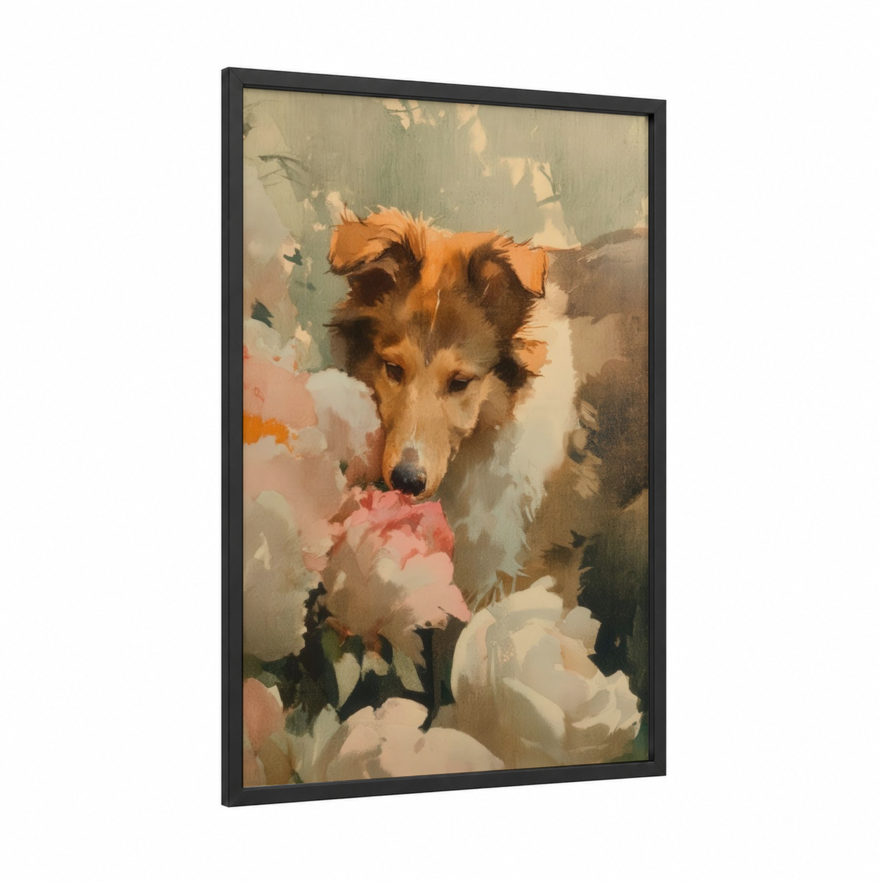 Floral Shepherd framed shepherd dogs and collies print — black wood frame — peach and sage green palette