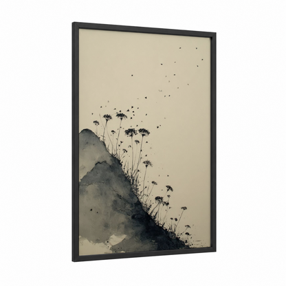 Hillside Dandelions framed art print — black wood frame — black and white and nobel palette
