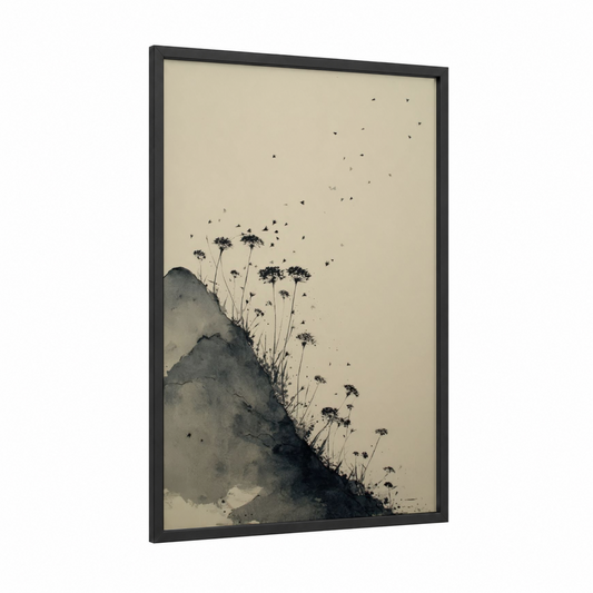Hillside Dandelions framed art print — black wood frame — black and white and nobel palette