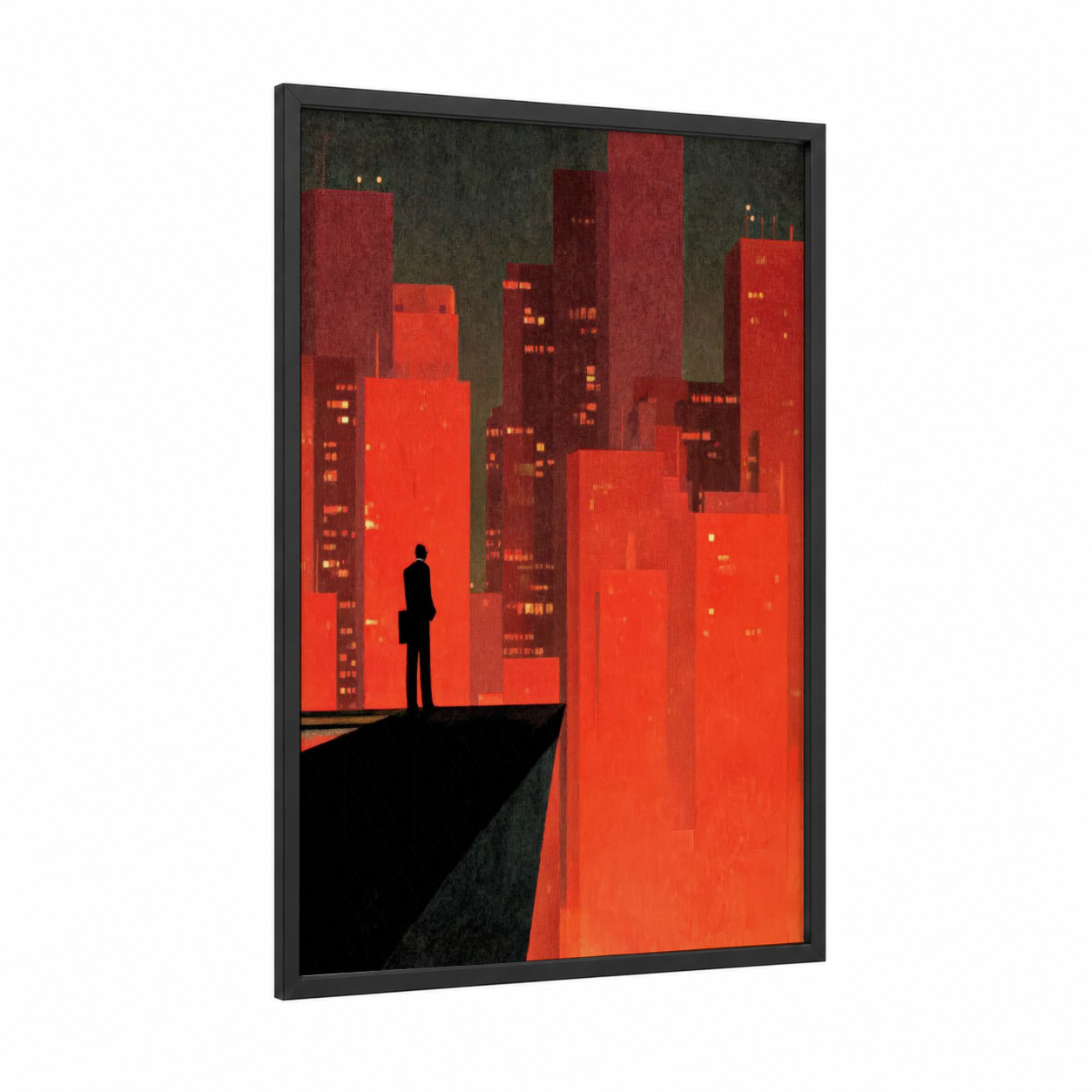 Neon Cityscape framed skyscraper print — black wood frame — red and black and red palette