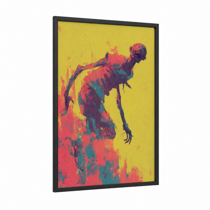 Rising Zombie framed art print — black wood frame — yellow gold and red palette