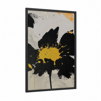 Golden Splash Flower framed abstract flower print — black wood frame — black and yellow and cream palette