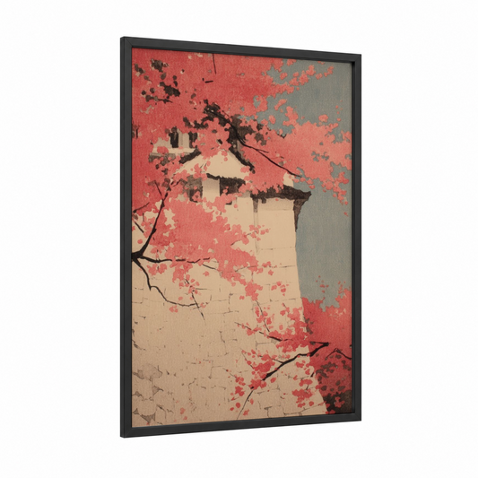 Cherry Blossom Masonry framed art print — black wood frame — salmon pink and beige palette