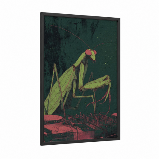 Mantis Metropolis framed prayin mantis print — black wood frame — dark green and salmon pink palette