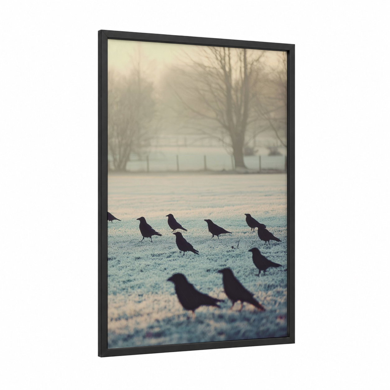 Frosted Gathering framed crows and ravens print — black wood frame — gray and white and dove gray palette