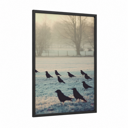 Frosted Gathering framed crows and ravens print — black wood frame — gray and white and dove gray palette