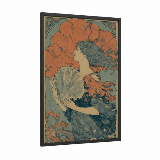 Coral Maiden framed oyster print — black wood frame — sage green palette