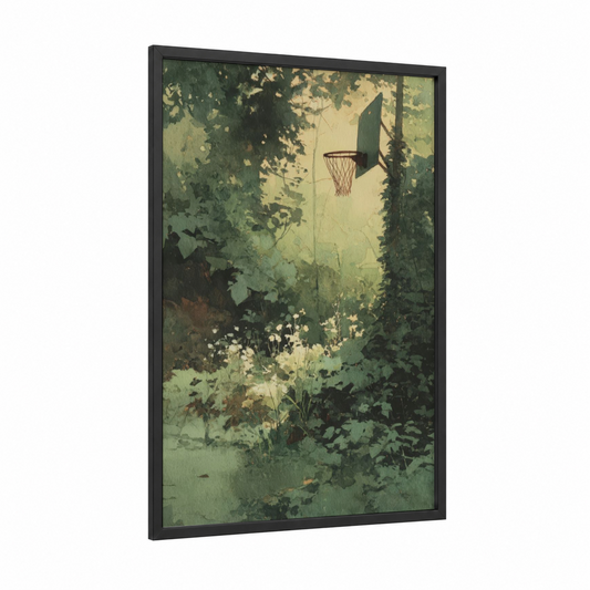 Forest Basketball framed art print — black wood frame — green and cream palette