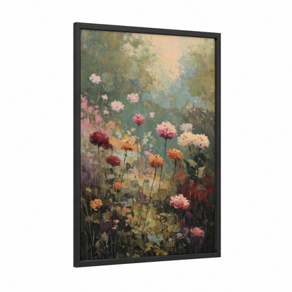 Dreamy Dahlia Garden framed art print — black wood frame — sage green and peach palette