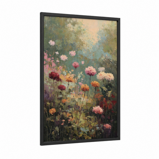Dreamy Dahlia Garden framed art print — black wood frame — sage green and peach palette