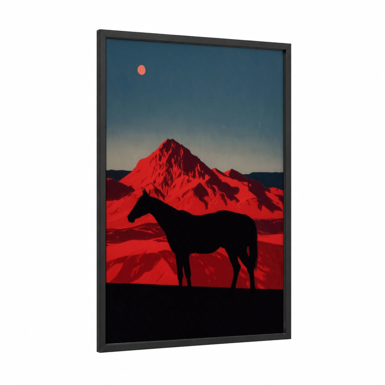 Crimson Mountain Horse framed quarter horse print — black wood frame — red and dark blue palette