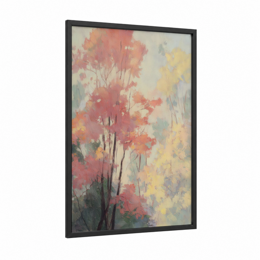 Autumn Maple Forest framed art print — black wood frame — salmon pink and cream palette