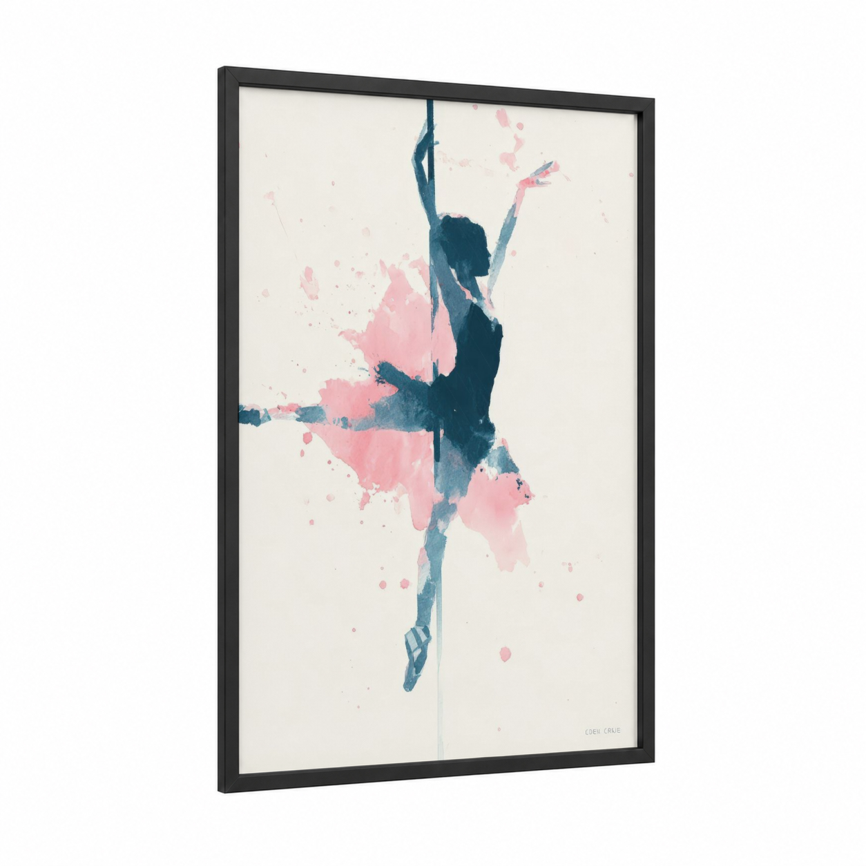 Graceful Leap framed pole dancing print — black wood frame — pink and blue palette