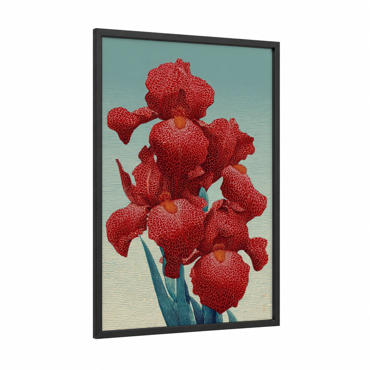 Crimson Amaryllis framed amarillys print — black wood frame — red and teal palette