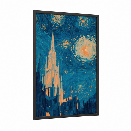 Starry Cathedral framed art print — black wood frame — blue and gold palette