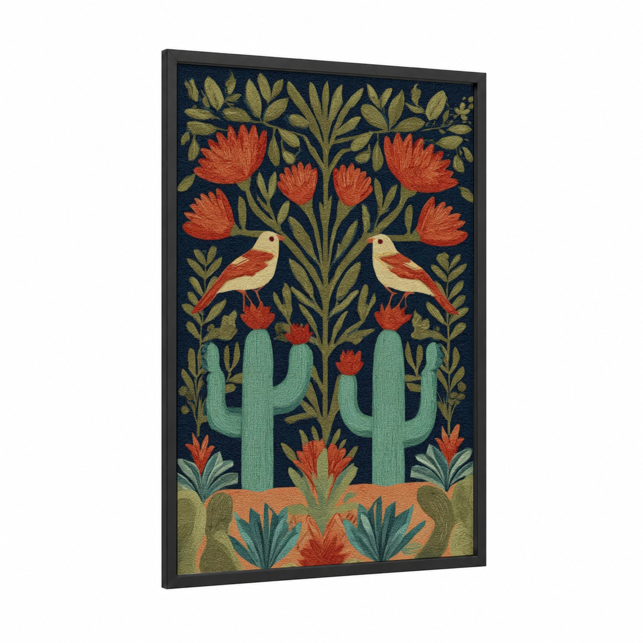 Desert Birds Cactus framed art print — black wood frame — gold and teal palette