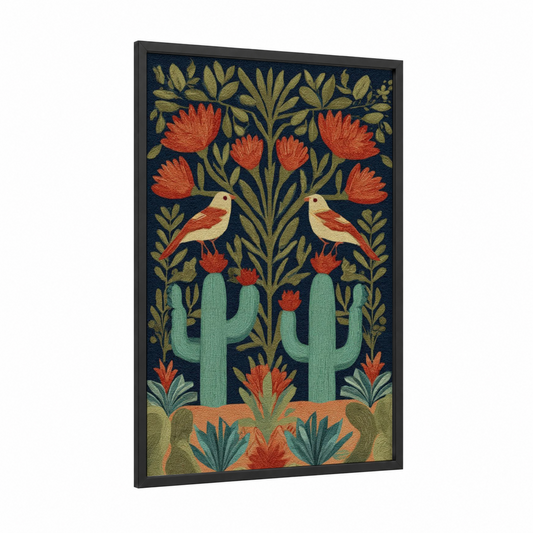 Desert Birds Cactus framed art print — black wood frame — gold and teal palette