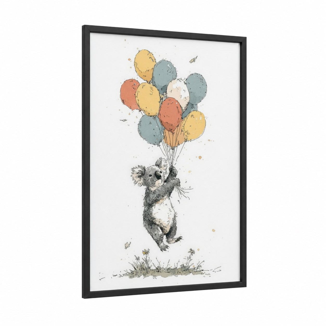 Balloon Koala framed art print — black wood frame — blue and peach palette