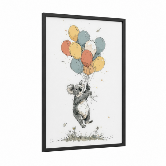Balloon Koala framed art print — black wood frame — blue and peach palette
