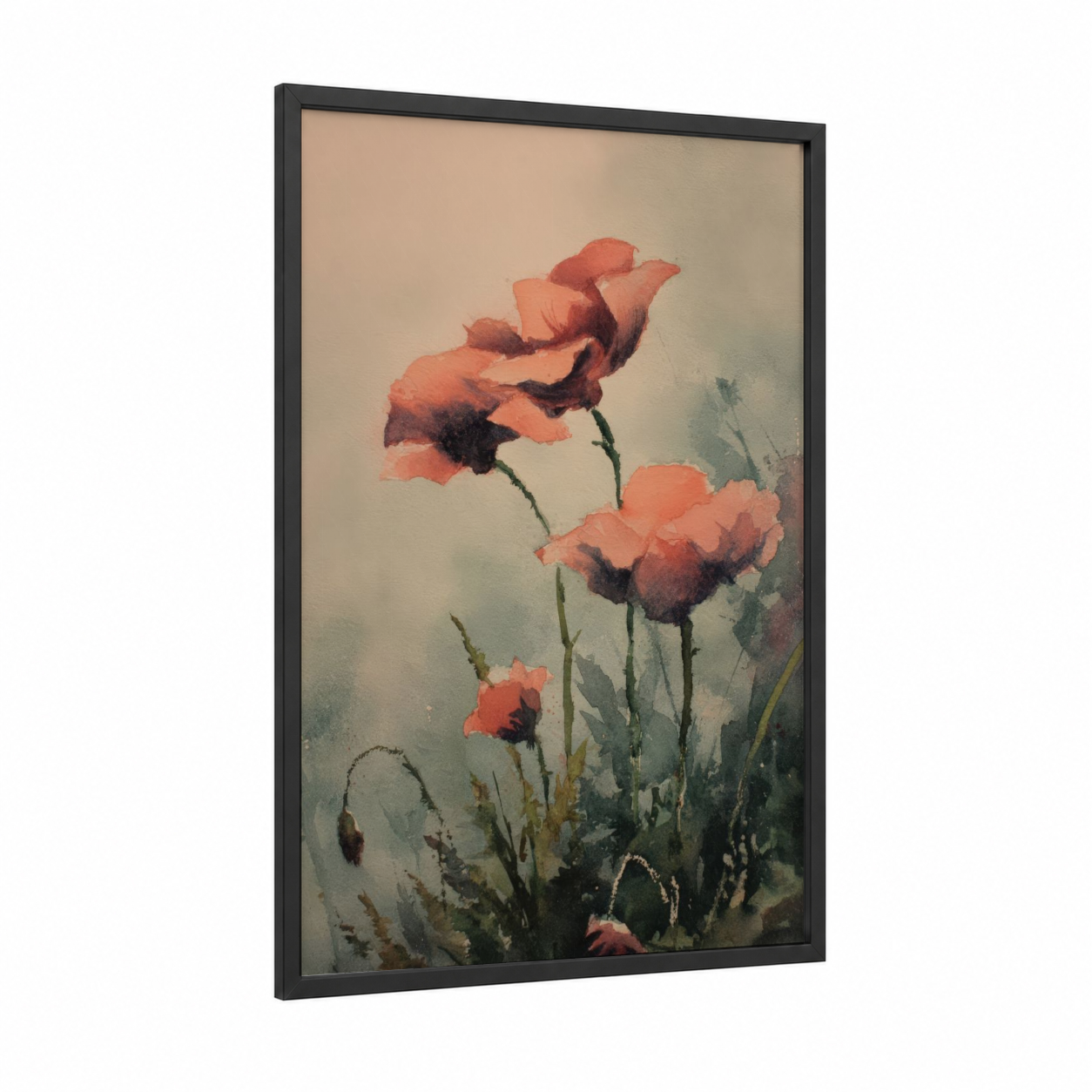 Coral Poppies framed art print — black wood frame — salmon pink and gray palette