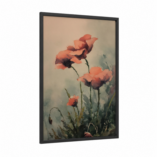 Coral Poppies framed art print — black wood frame — salmon pink and gray palette