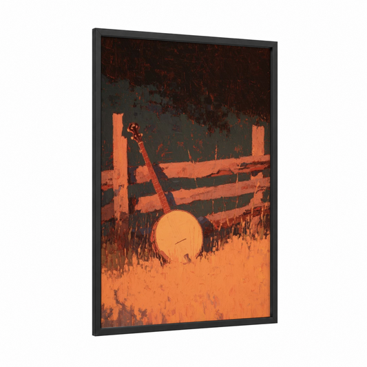 Sunset Banjo framed art print — black wood frame — orange and black and red palette
