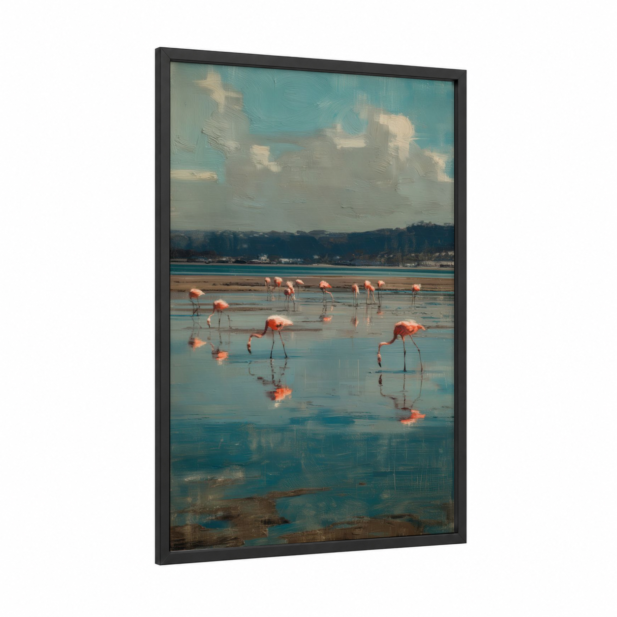Lagoon Flamingos framed art print — black wood frame — blue and white and pink palette