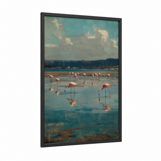 Lagoon Flamingos framed art print — black wood frame — blue and white and pink palette
