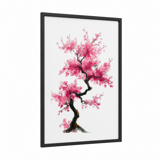 Pink Blossom Tree framed cherry blossoms print — black wood frame — pink and white palette
