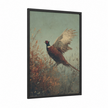 Pheasant Rising framed hunting print — black wood frame — sage green and russet palette