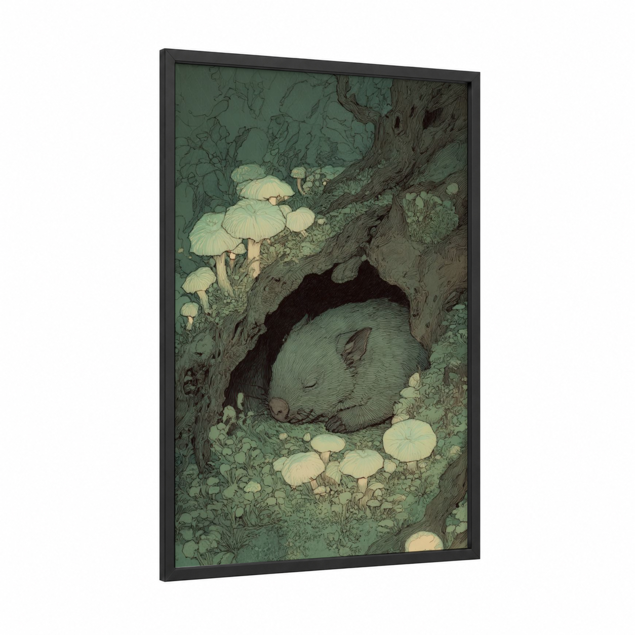 Sleeping Wombat framed art print — black wood frame — sage green and cream palette