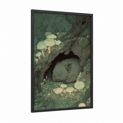 Sleeping Wombat framed art print — black wood frame — sage green and cream palette