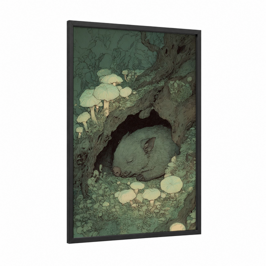 Sleeping Wombat framed art print — black wood frame — sage green and cream palette