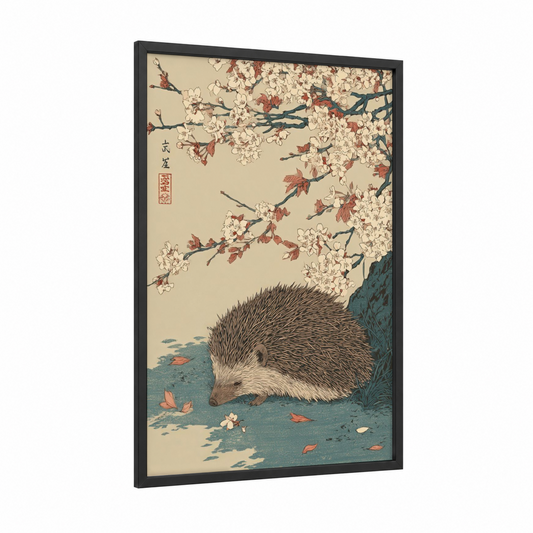 Cherry Blossom Hedgehog framed art print — black wood frame — cream and teal palette
