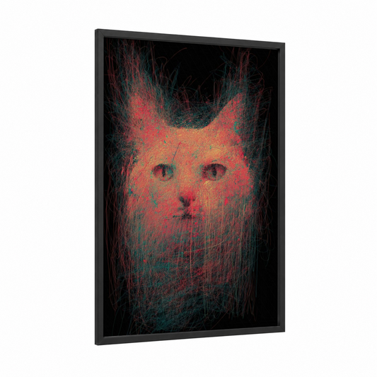 Neon Cat Portrait framed art print — black wood frame — magenta and teal palette