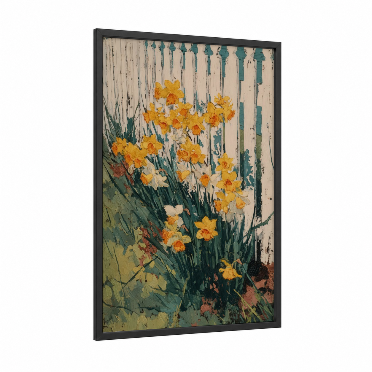 Golden Daffodils framed art print — black wood frame — gold and cream palette