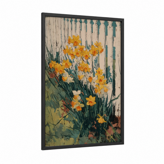 Golden Daffodils framed art print — black wood frame — gold and cream palette