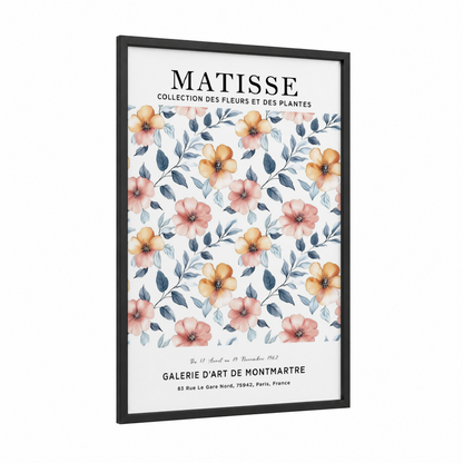 Matisse Floral framed abstract flower print — black wood frame — peach and dove gray palette