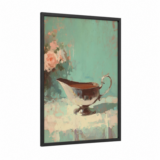 Vintage Gravy Boat framed condiments print — black wood frame — teal and peach palette
