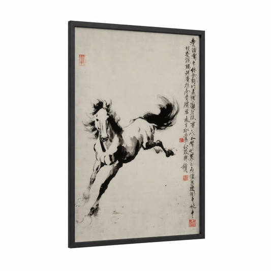 Galloping Thoroughbred framed thoroughbred horse print — black wood frame — black and white palette