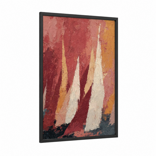 Crimson Sailboats framed sailing print — black wood frame — red and gold palette
