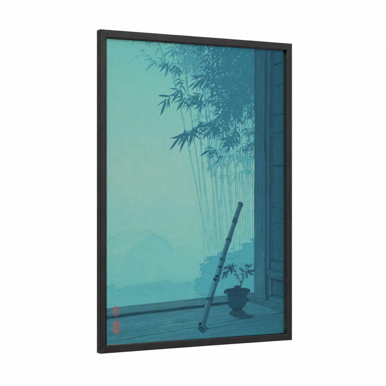 Zen Flute framed art print — black wood frame — teal and dove gray palette