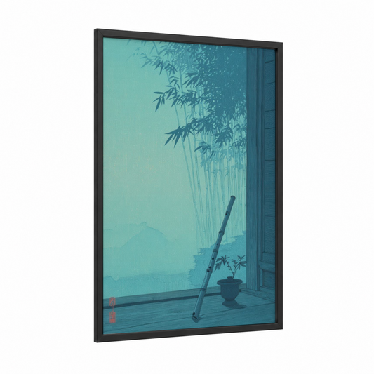 Zen Flute framed art print — black wood frame — teal and dove gray palette