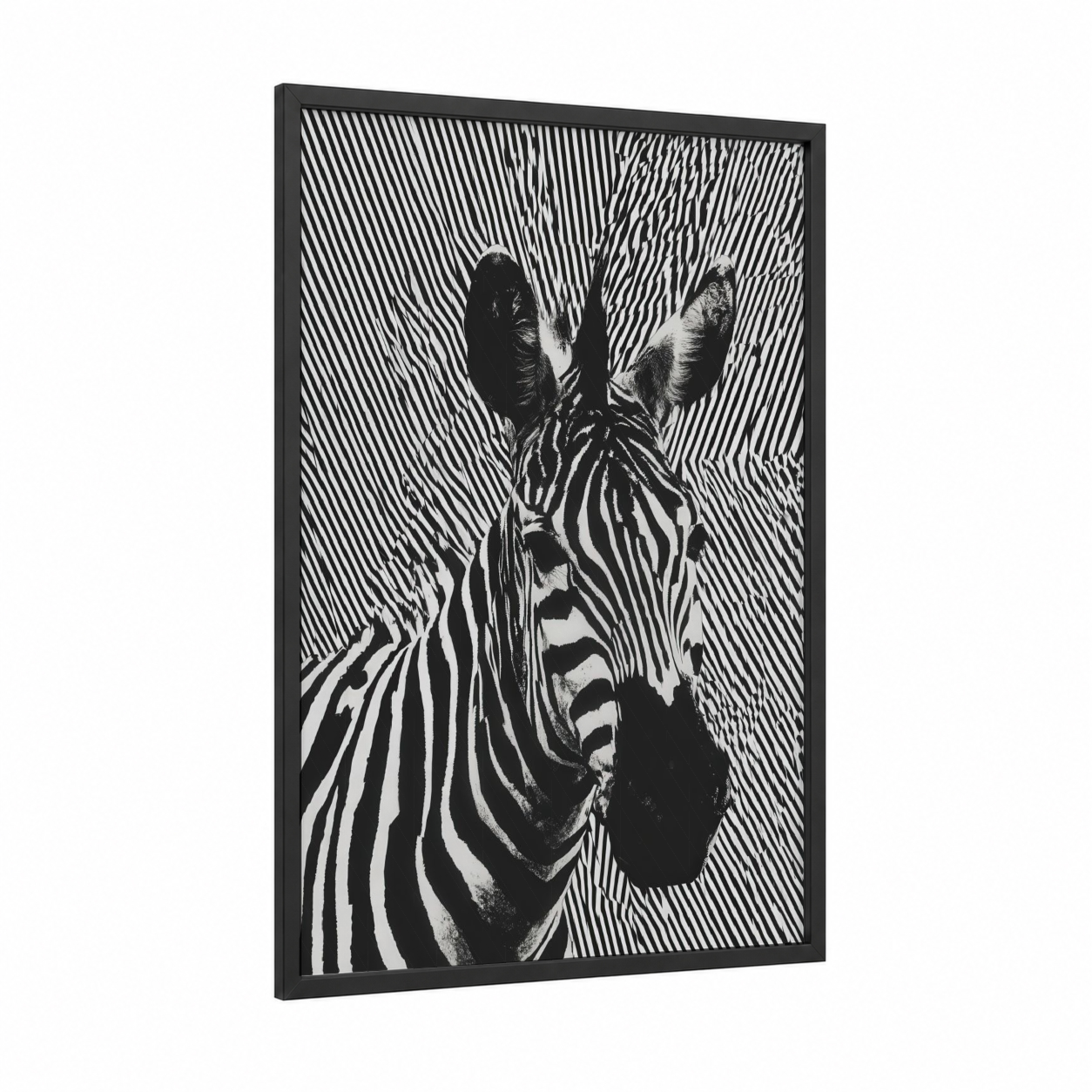 Striped Zebra Portrait framed art print — black wood frame — black and white palette