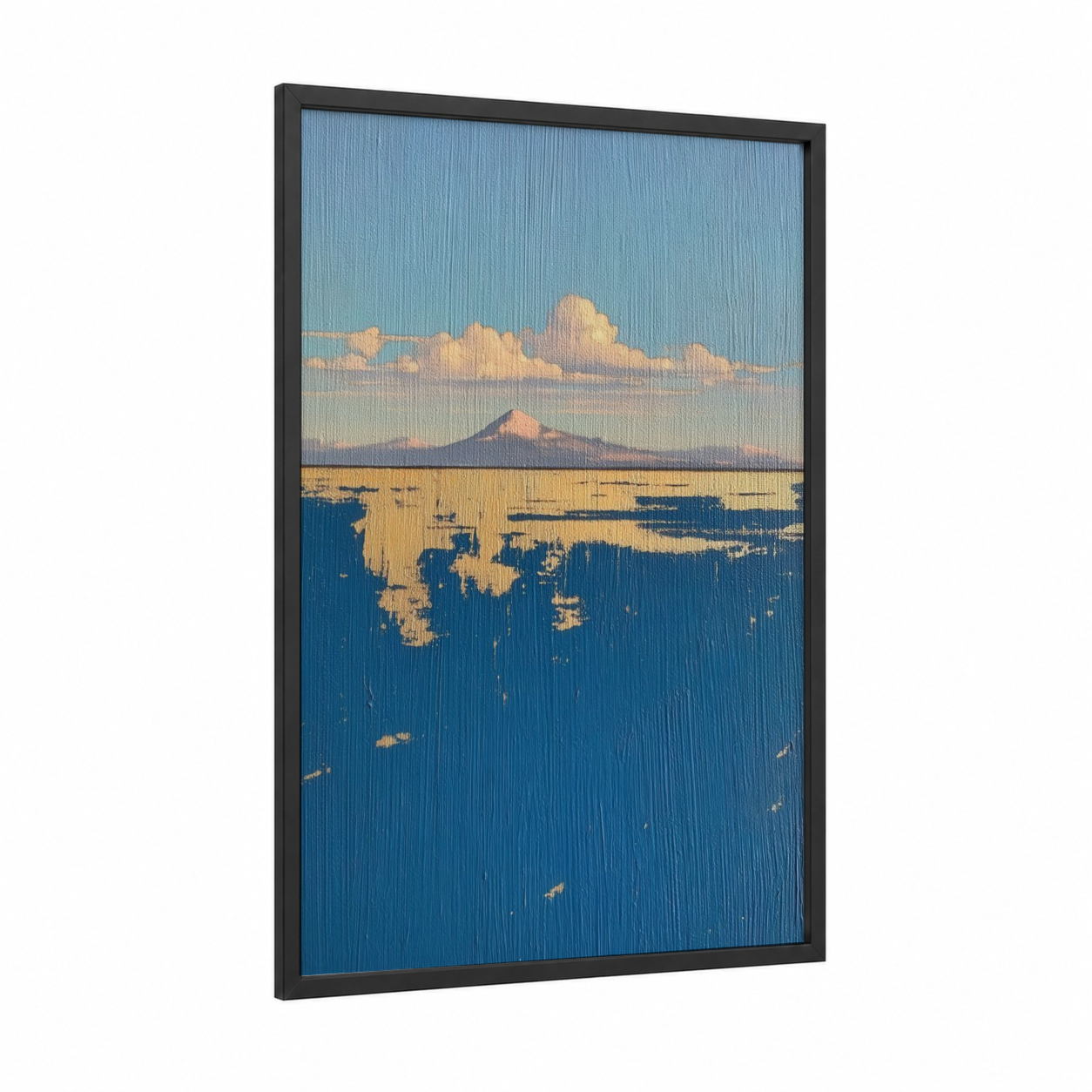 Golden Mountain Vista framed abstract classic print — black wood frame — blue and gold palette