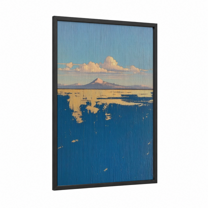 Golden Mountain Vista framed abstract classic print — black wood frame — blue and gold palette