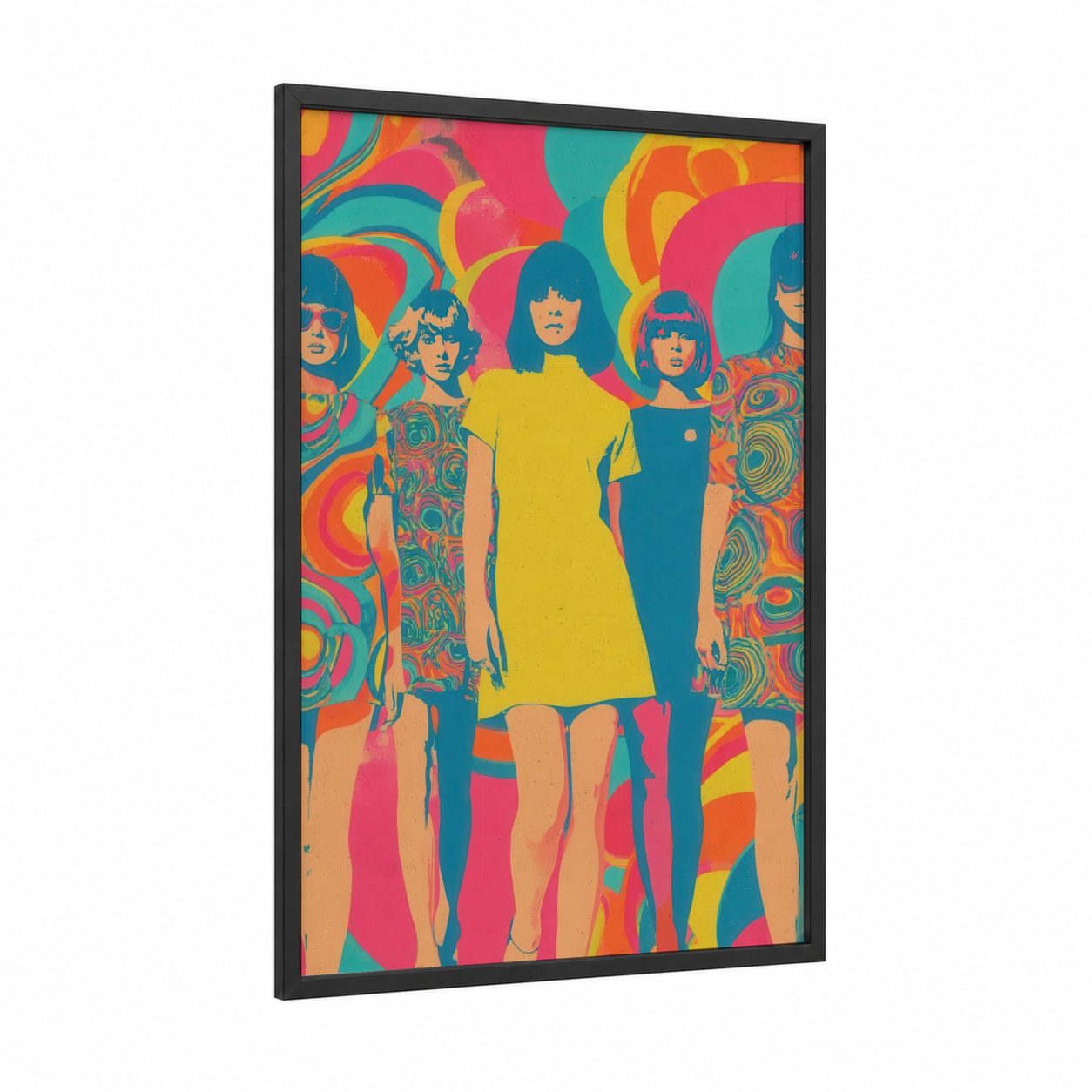 Retro Girl Squad framed retro fashion print — black wood frame — magenta and gold palette