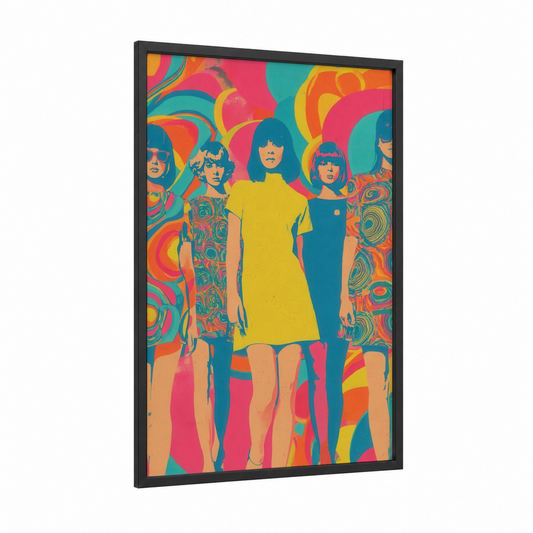 Retro Girl Squad framed retro fashion print — black wood frame — magenta and gold palette