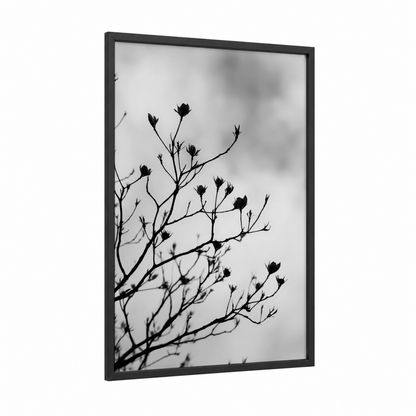 Silhouette Cherry Blossoms framed art print — black wood frame — black and white palette